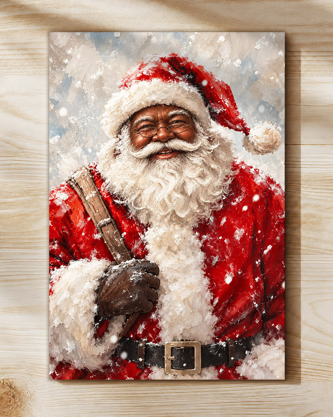 Black Santa in Snow Canvas Artwork - African American Xmas Picture