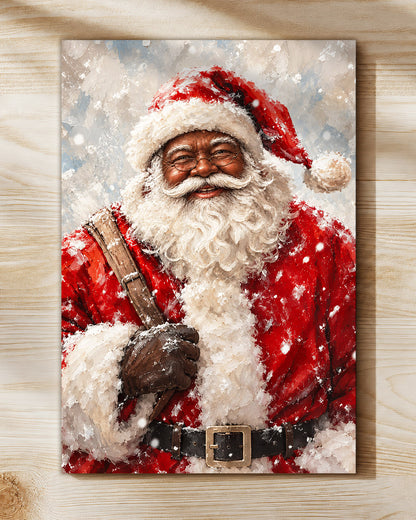 Black Santa in Snow Canvas Artwork - African American Xmas Picture