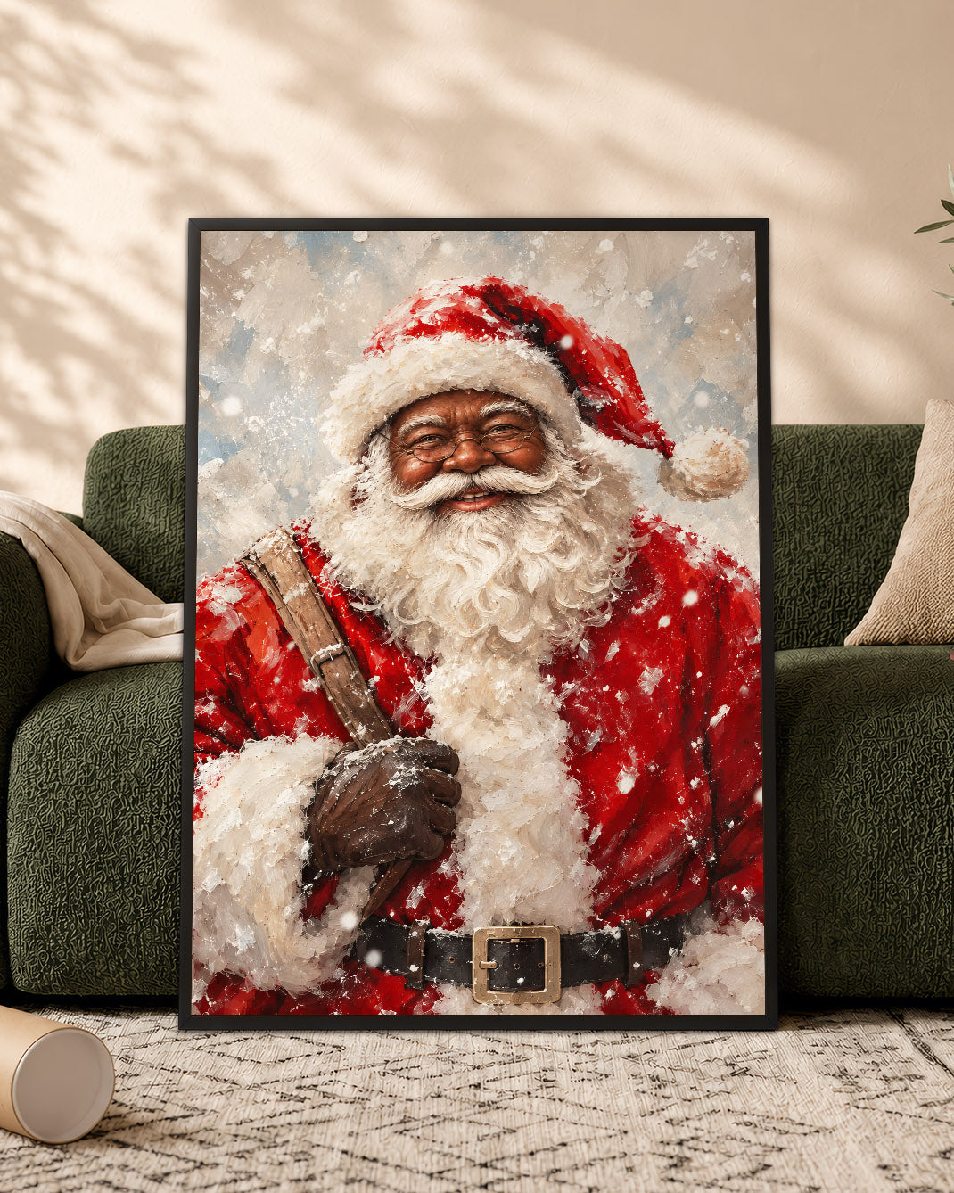 Black Santa in Snow Canvas Artwork - African American Xmas Picture