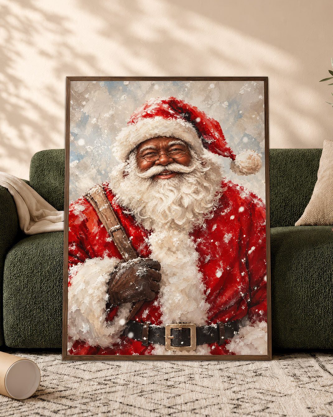 Black Santa in Snow Canvas Artwork - African American Xmas Picture