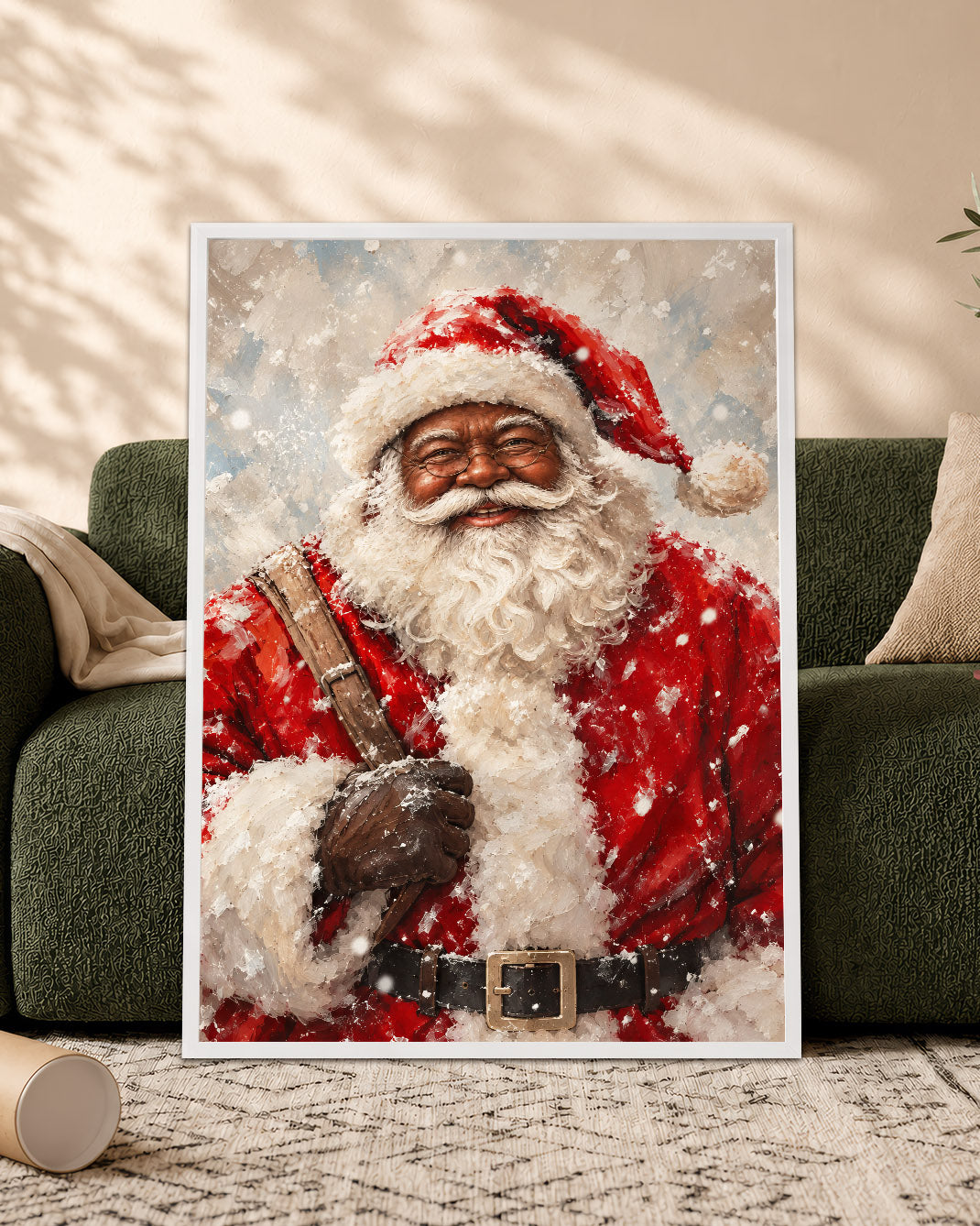 Black Santa in Snow Canvas Artwork - African American Xmas Picture