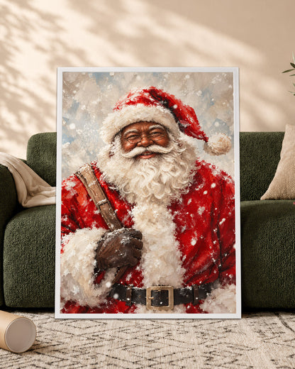 Black Santa in Snow Canvas Artwork - African American Xmas Picture