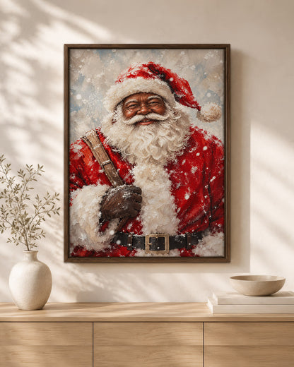 Black Santa in Snow Canvas Artwork - African American Xmas Picture