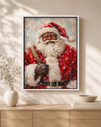 Black Santa in Snow Canvas Artwork - African American Xmas Picture