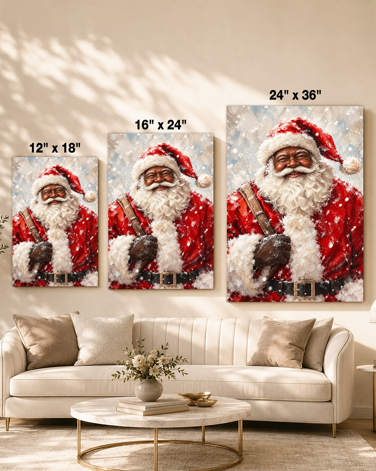 Black Santa in Snow Canvas Artwork - African American Xmas Picture