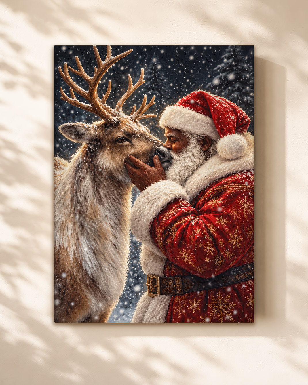 Black Santa Nuzzling Reindeer Canvas Print - African American Decor