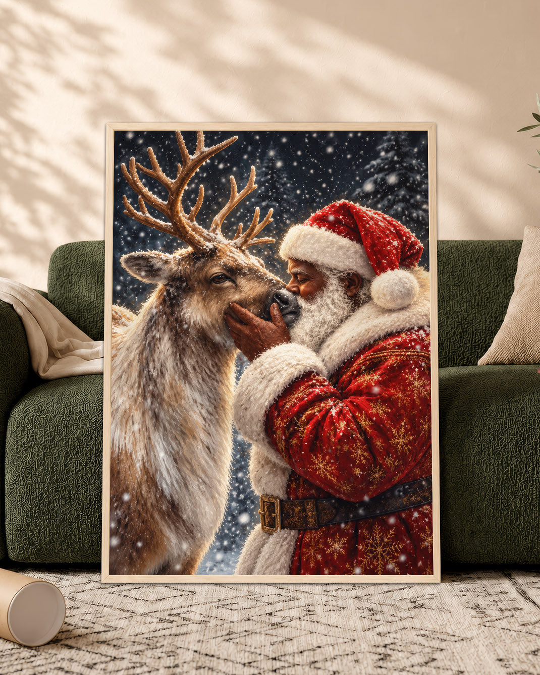 Black Santa Nuzzling Reindeer Canvas Print - African American Decor