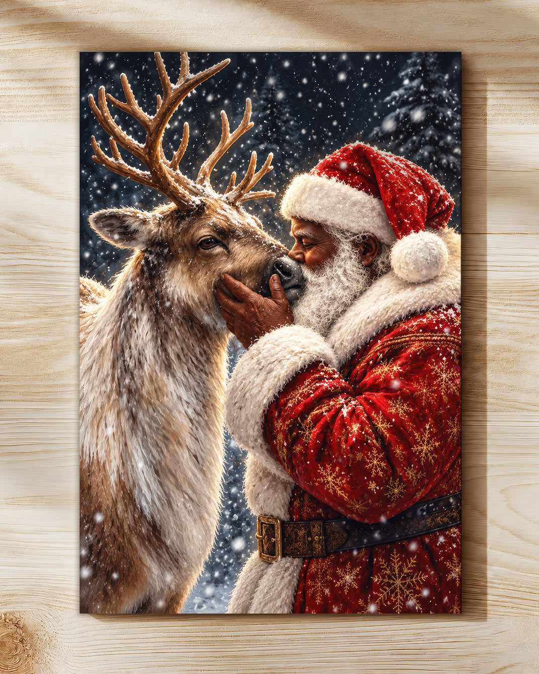 Black Santa Nuzzling Reindeer Canvas Print - African American Decor