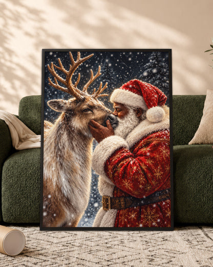 Black Santa Nuzzling Reindeer Canvas Print - African American Decor