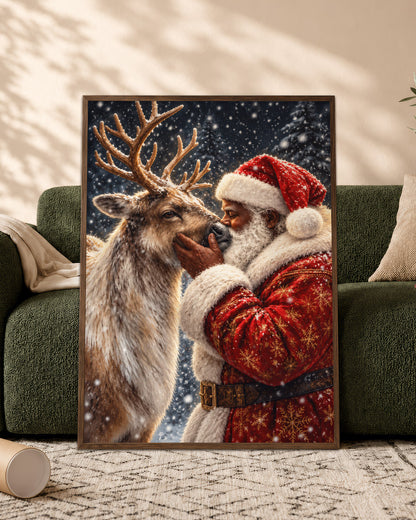 Black Santa Nuzzling Reindeer Canvas Print - African American Decor