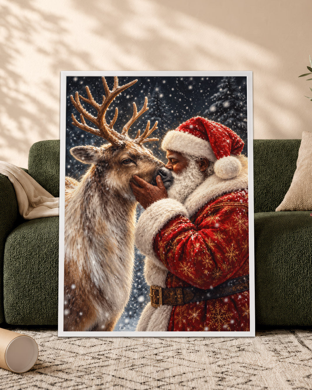 Black Santa Nuzzling Reindeer Canvas Print - African American Decor