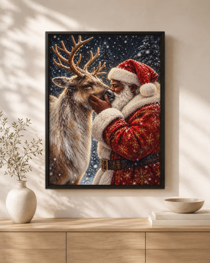 Black Santa Nuzzling Reindeer Canvas Print - African American Decor