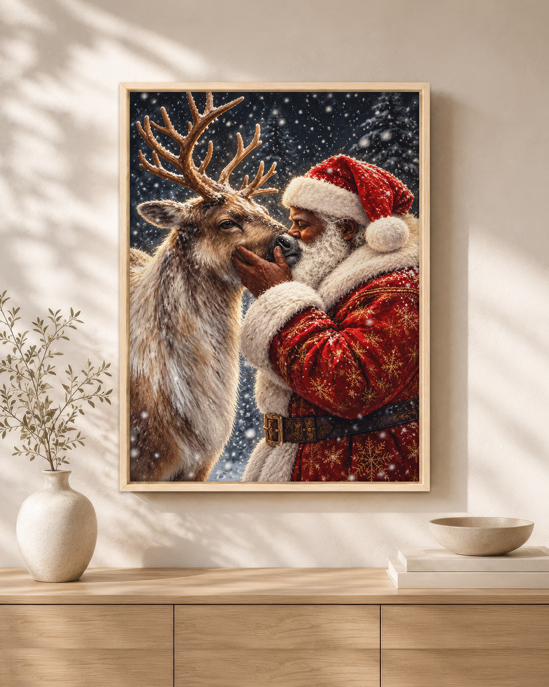 Black Santa Nuzzling Reindeer Canvas Print - African American Decor