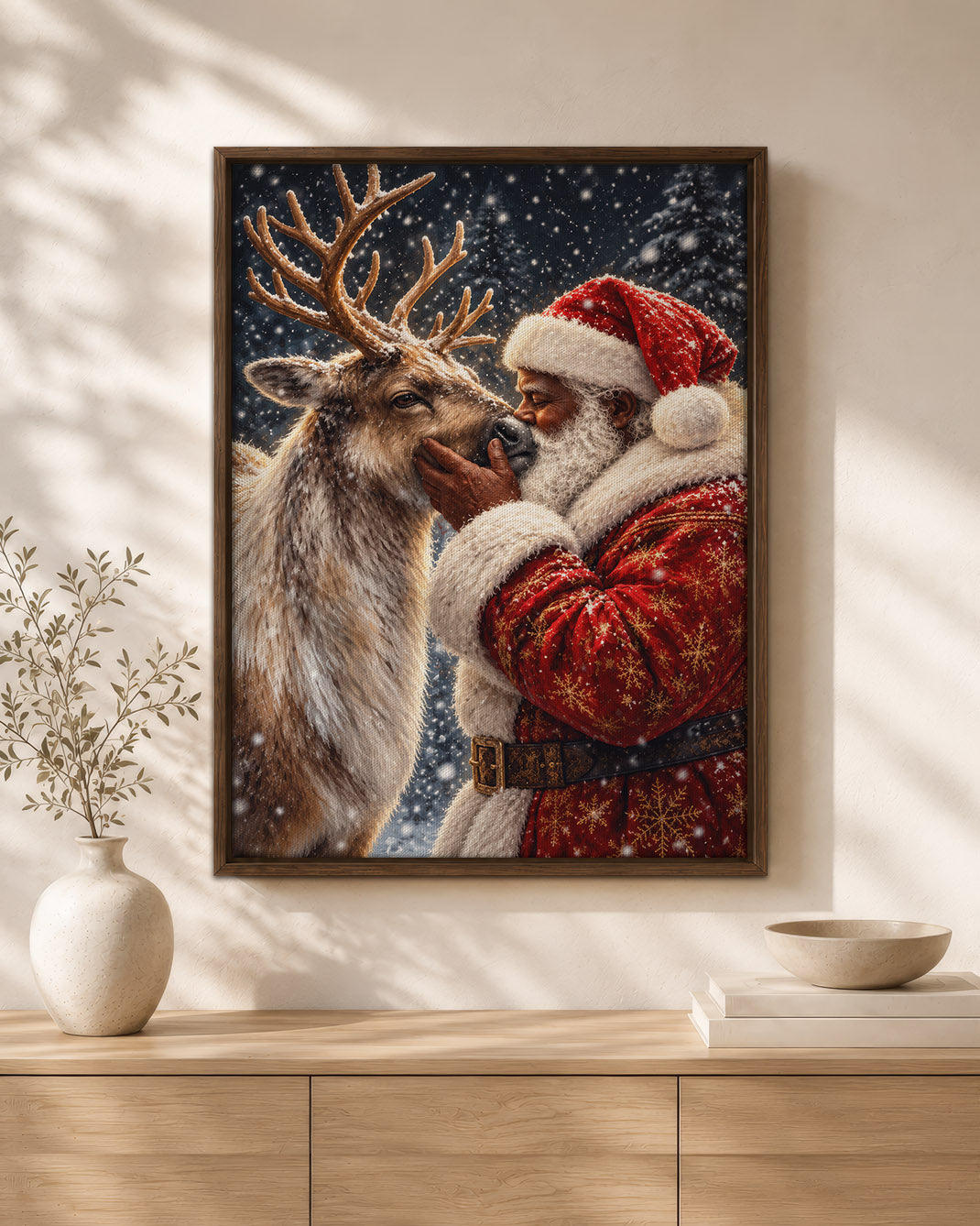 Black Santa Nuzzling Reindeer Canvas Print - African American Decor