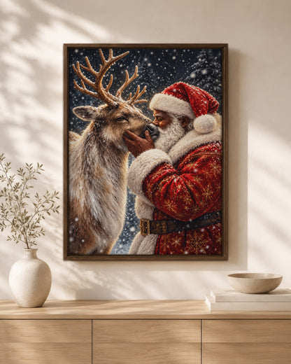 Black Santa Nuzzling Reindeer Canvas Print - African American Decor