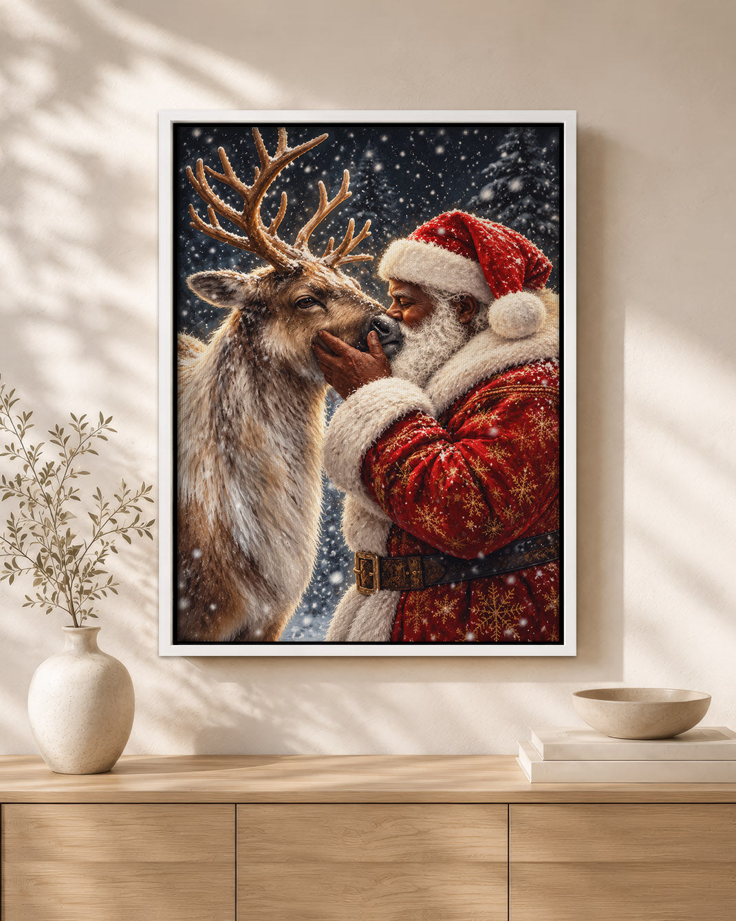 Black Santa Nuzzling Reindeer Canvas Print - African American Decor