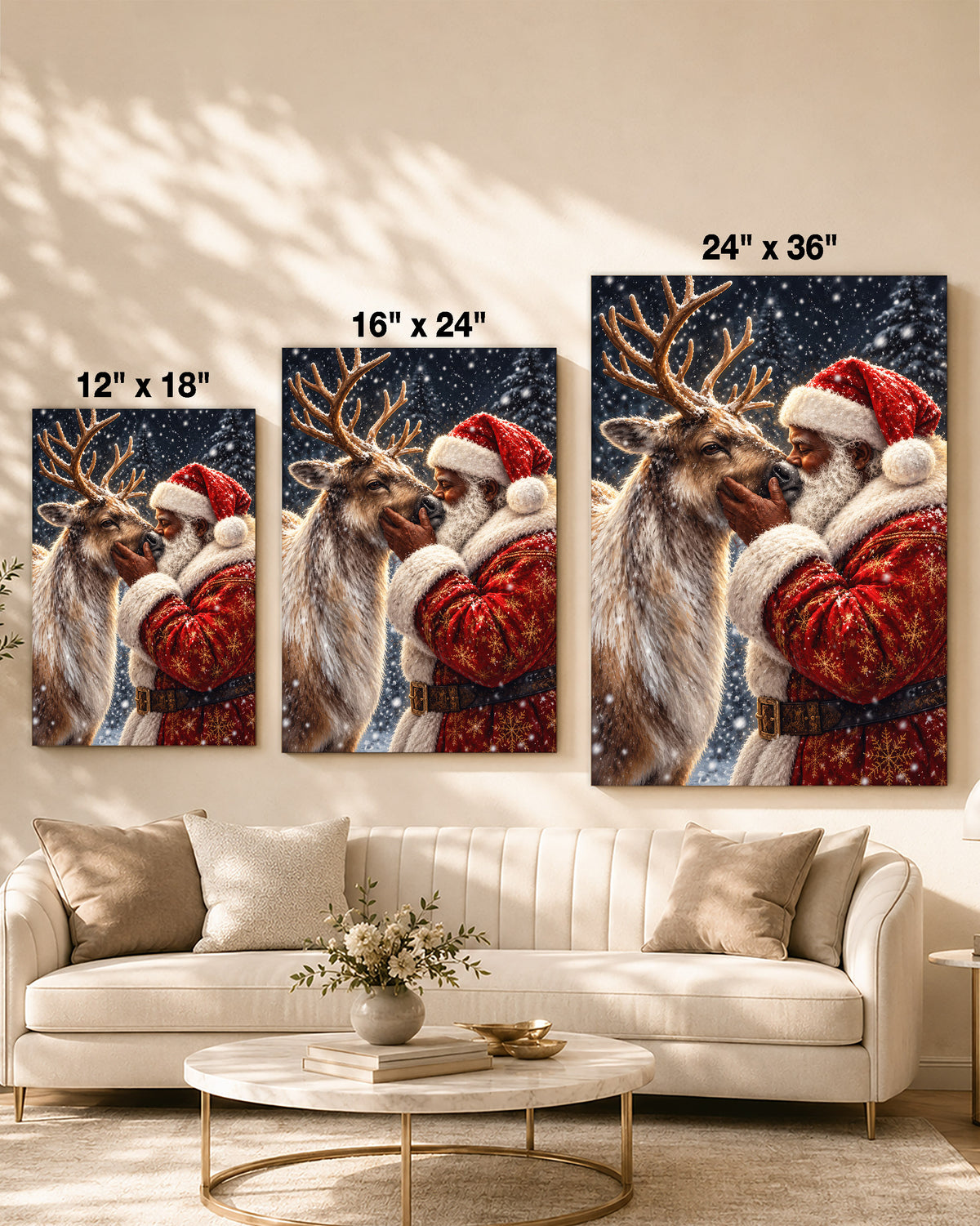 Black Santa Nuzzling Reindeer Canvas Print - African American Decor