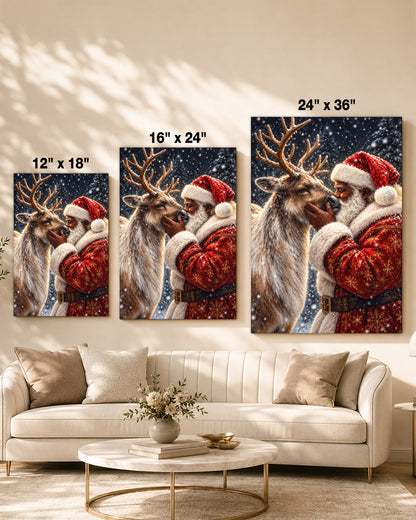 Black Santa Nuzzling Reindeer Canvas Print - African American Decor