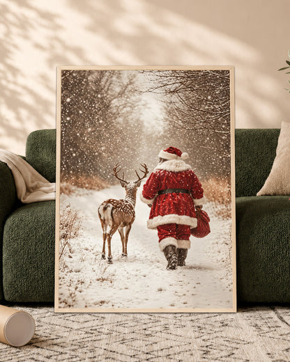 African American Santa Snowy Forest Canvas Print - Winter Wall Decor