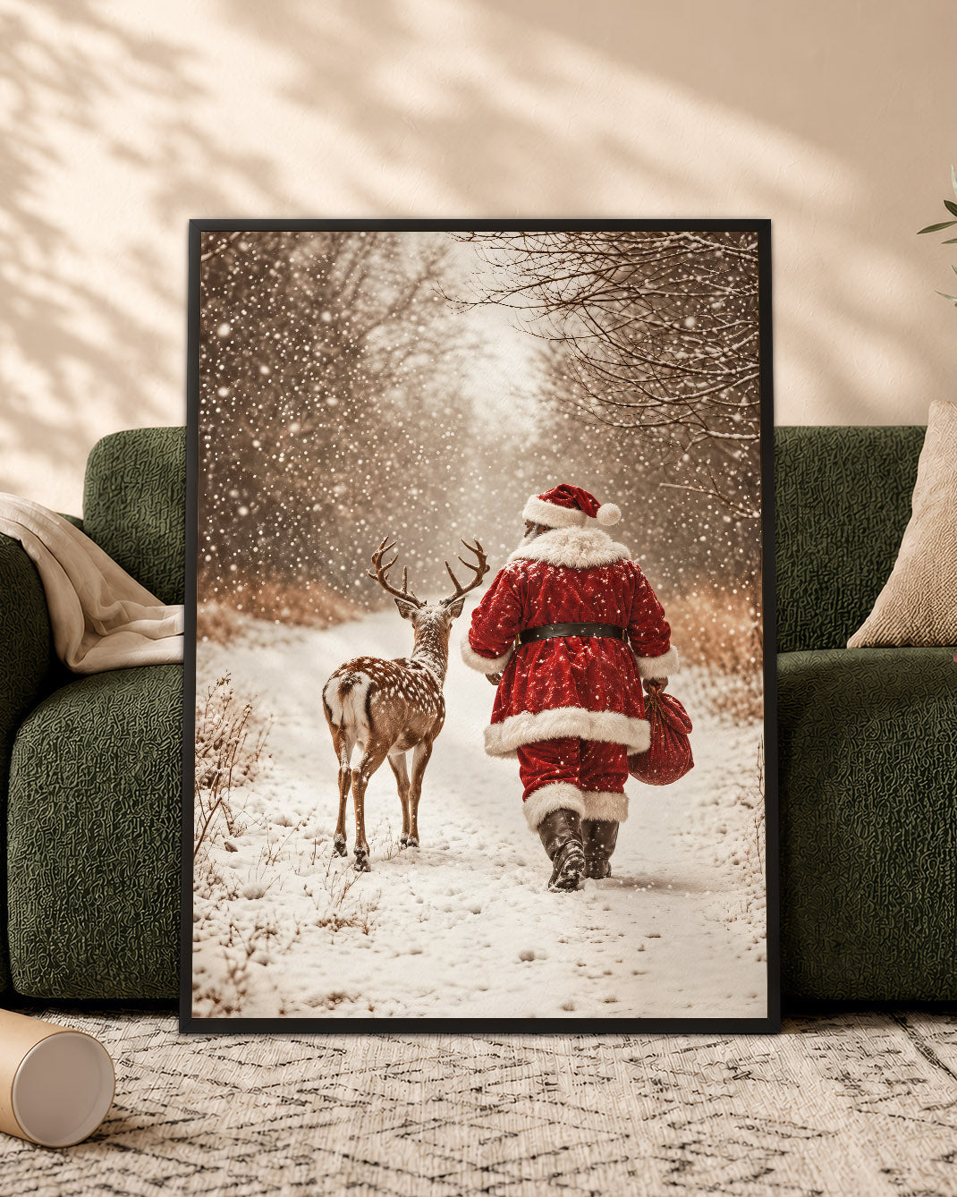African American Santa Snowy Forest Canvas Print - Winter Wall Decor