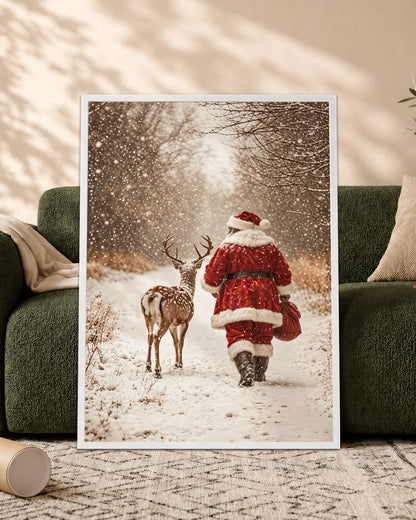 African American Santa Snowy Forest Canvas Print - Winter Wall Decor