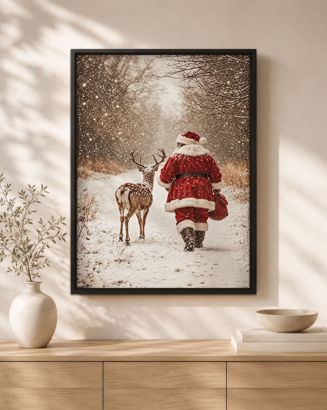 African American Santa Snowy Forest Canvas Print - Winter Wall Decor