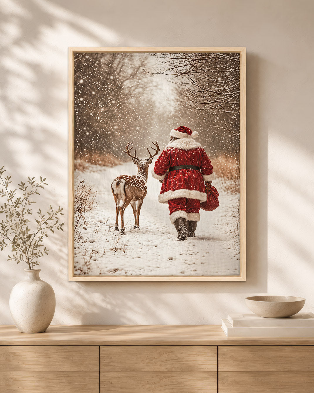 African American Santa Snowy Forest Canvas Print - Winter Wall Decor
