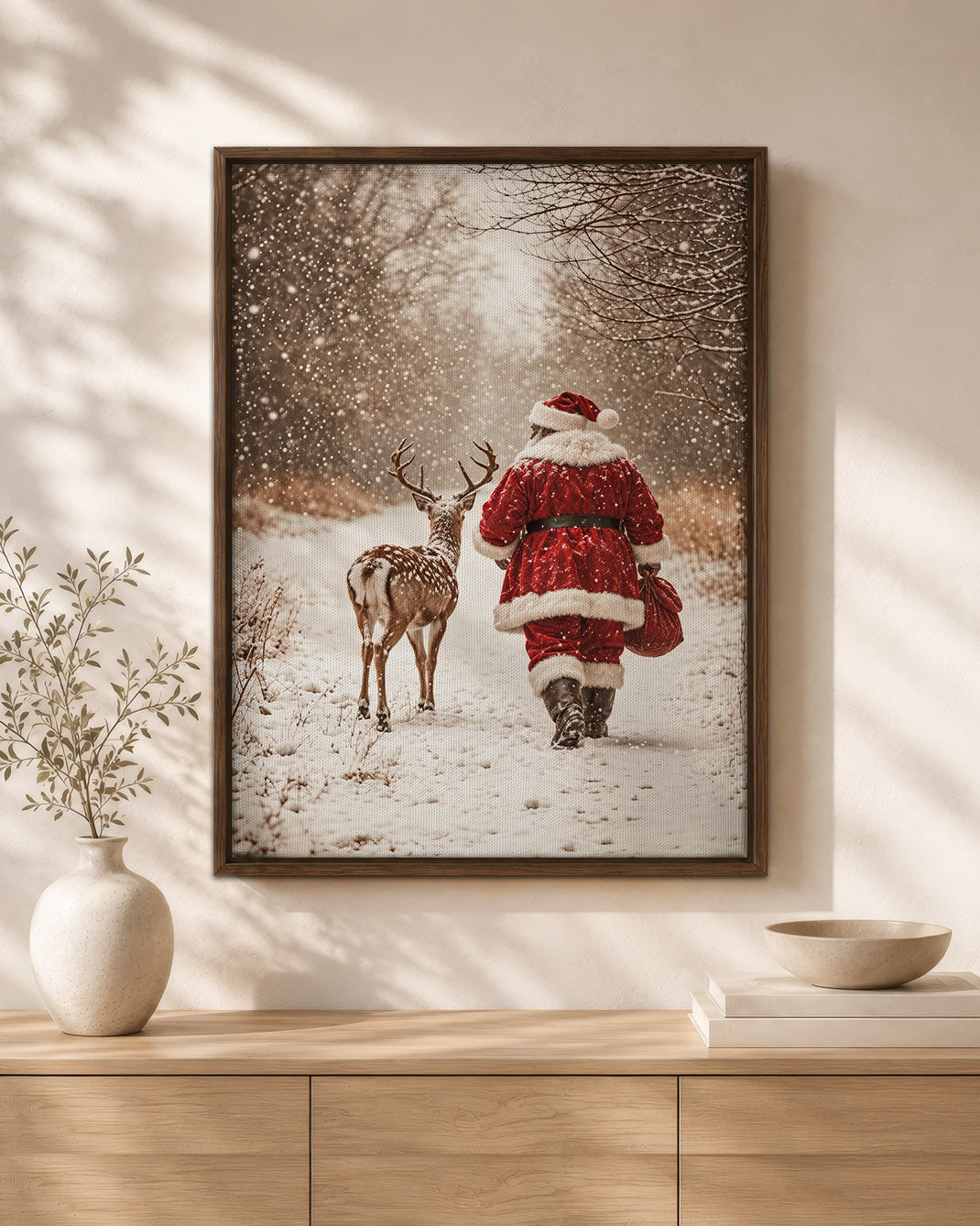 African American Santa Snowy Forest Canvas Print - Winter Wall Decor