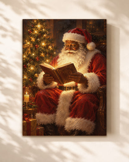 Black Santa Reading Book Canvas Art - African American Christmas Print