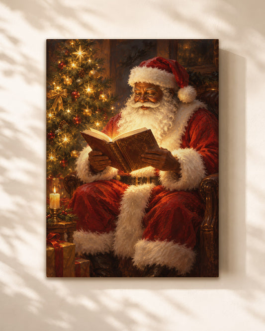 Black Santa Reading Book Canvas Art - African American Christmas Print