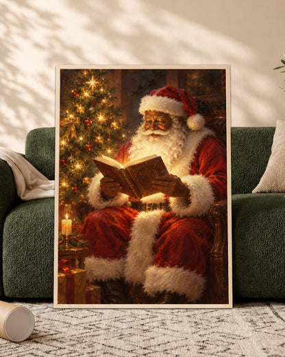 Black Santa Reading Book Canvas Art - African American Christmas Print
