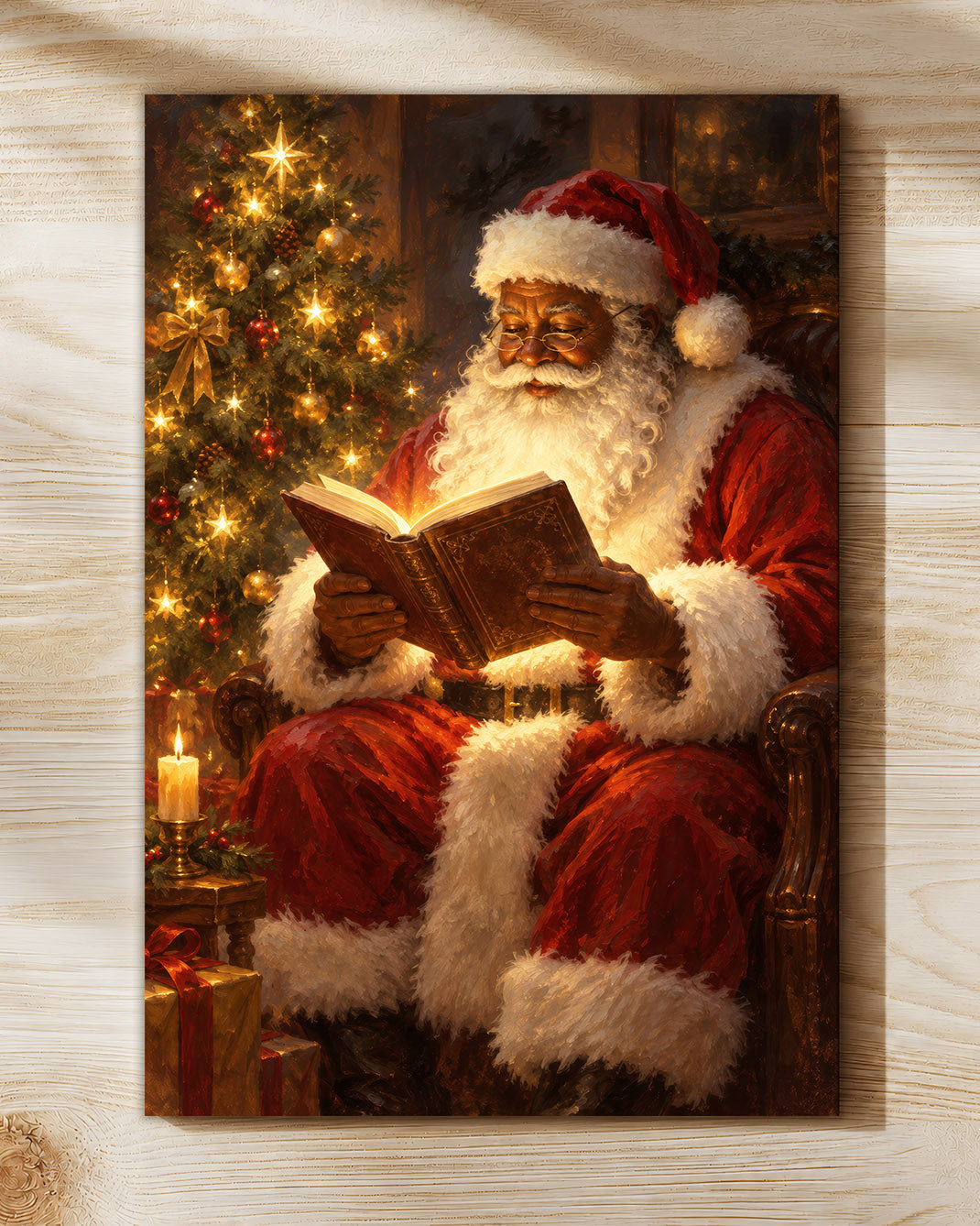 Black Santa Reading Book Canvas Art - African American Christmas Print