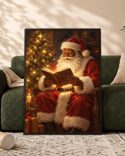 Black Santa Reading Book Canvas Art - African American Christmas Print