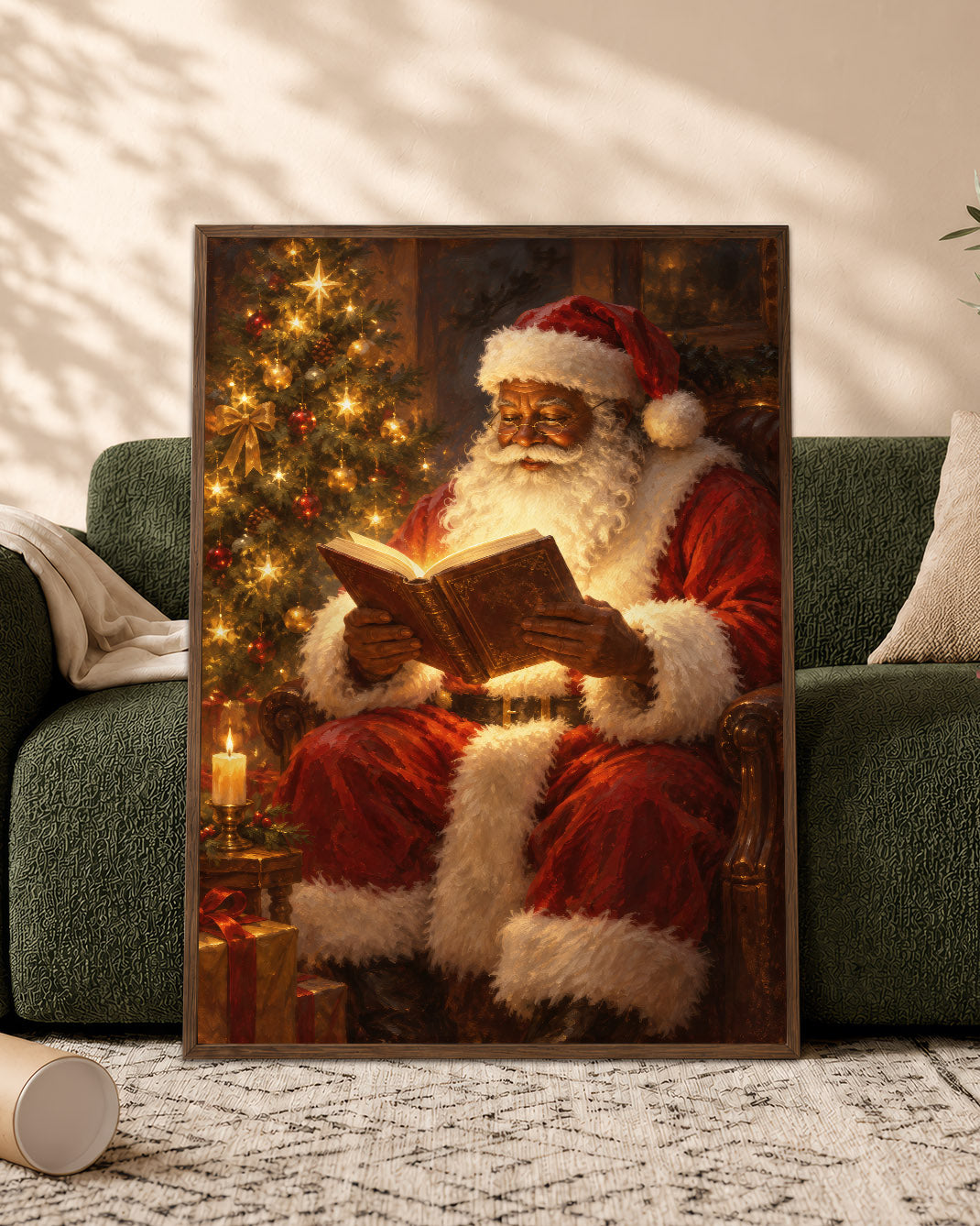 Black Santa Reading Book Canvas Art - African American Christmas Print