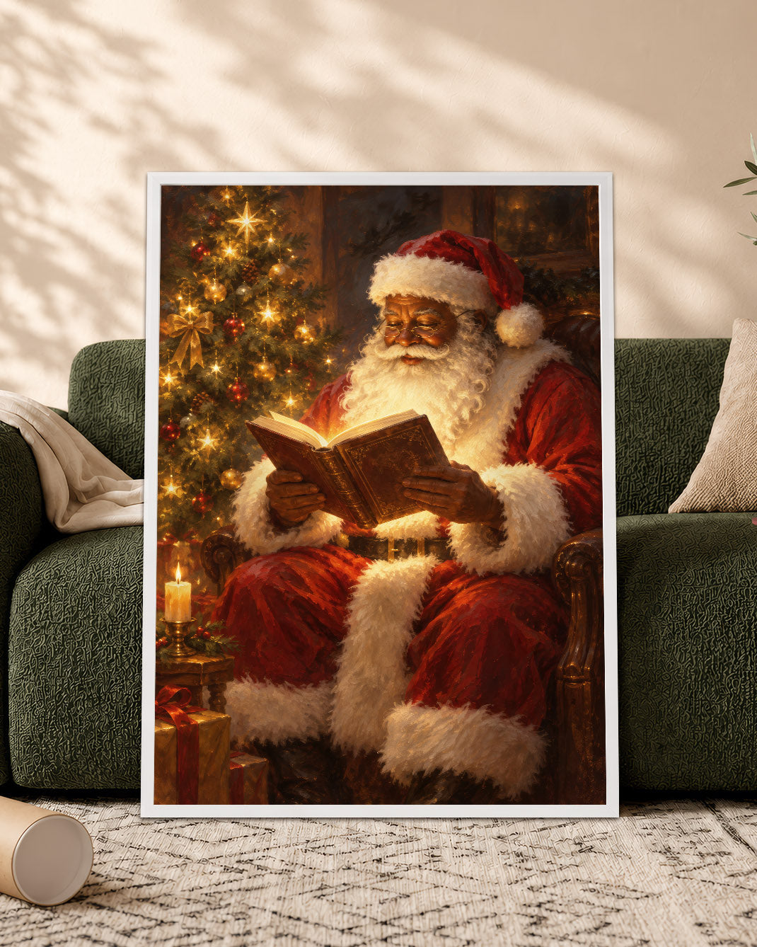 Black Santa Reading Book Canvas Art - African American Christmas Print