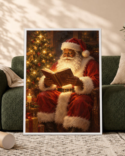Black Santa Reading Book Canvas Art - African American Christmas Print