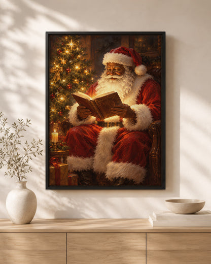 Black Santa Reading Book Canvas Art - African American Christmas Print