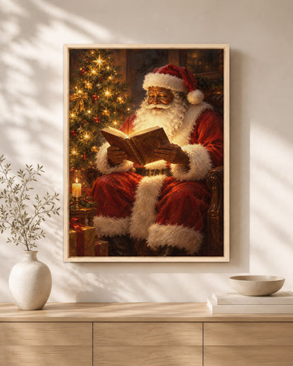 Black Santa Reading Book Canvas Art - African American Christmas Print