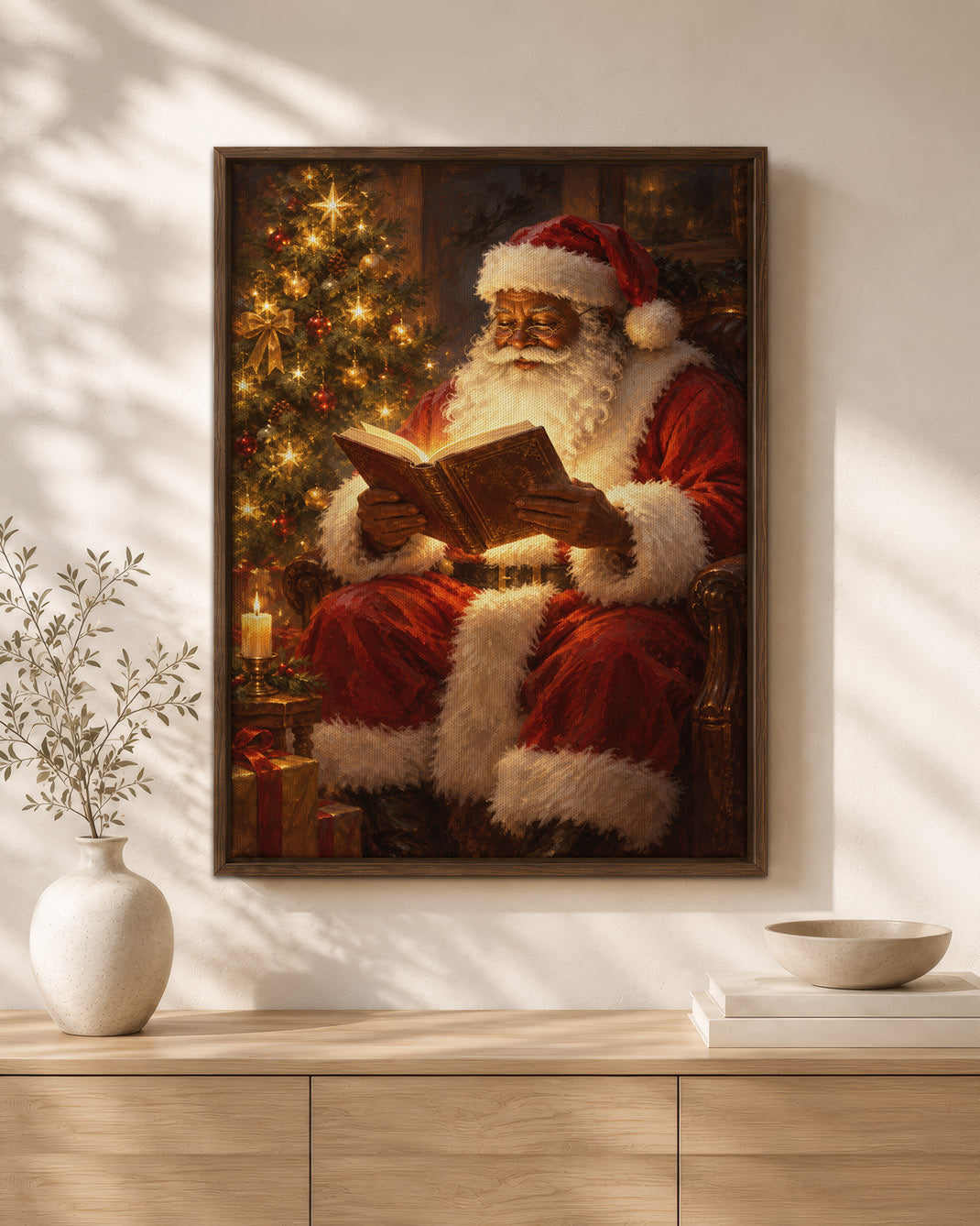 Black Santa Reading Book Canvas Art - African American Christmas Print