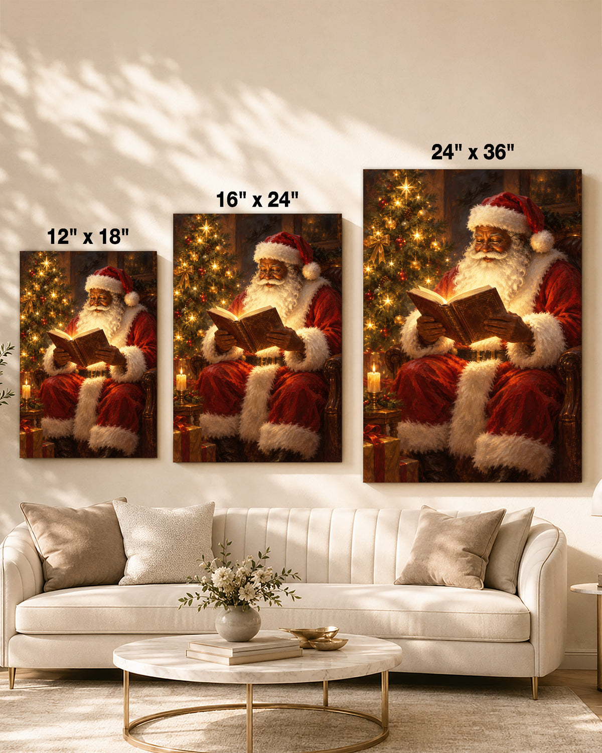 Black Santa Reading Book Canvas Art - African American Christmas Print