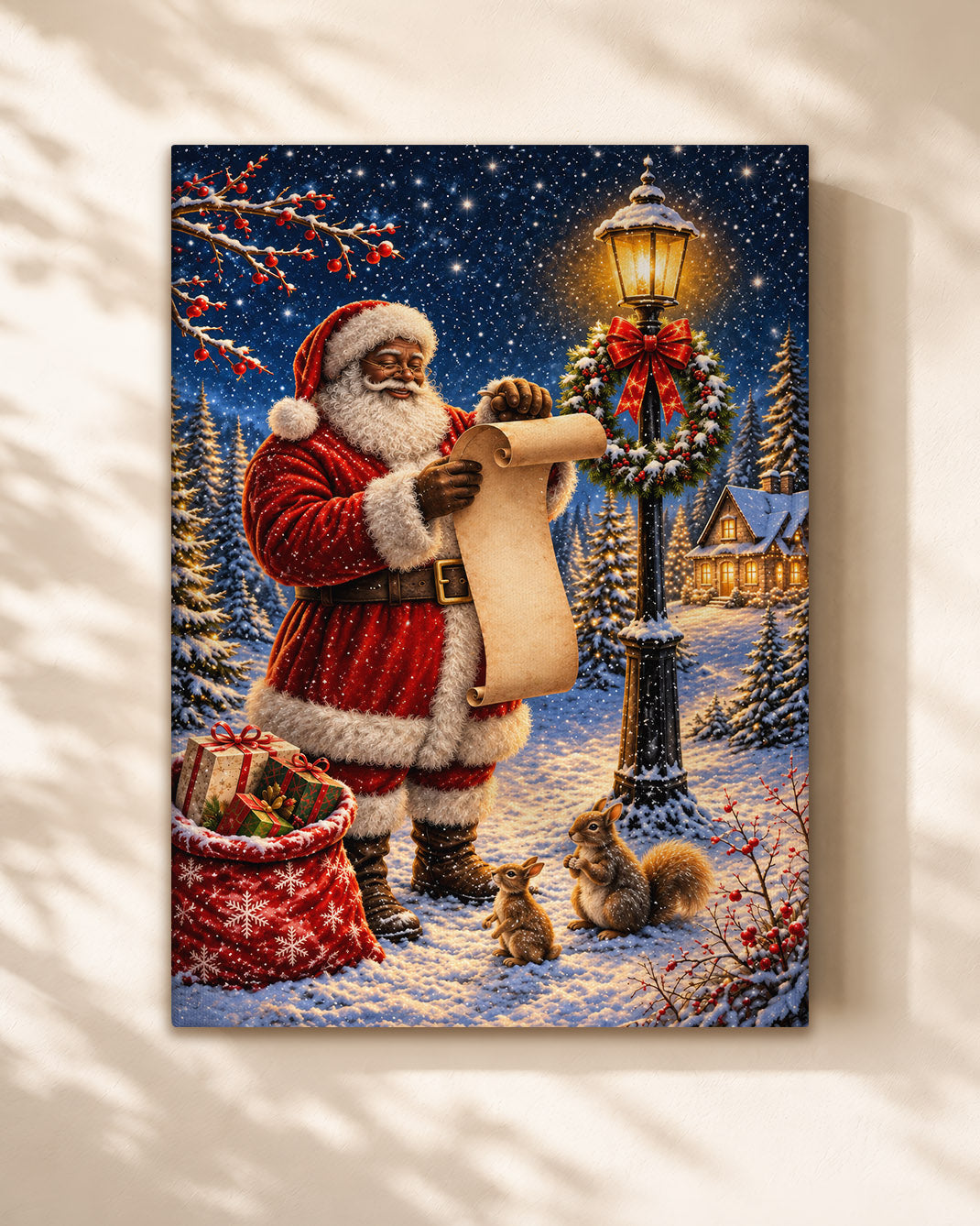 Black Santa Claus Canvas Wall Art - African American Christmas Decor