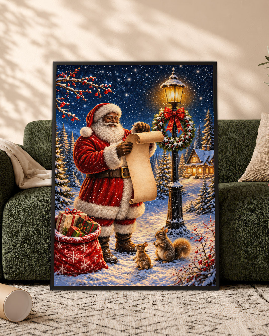 Black Santa Claus Canvas Wall Art - African American Christmas Decor