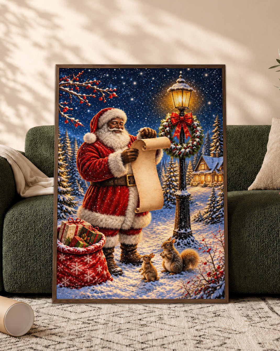 Black Santa Claus Canvas Wall Art - African American Christmas Decor