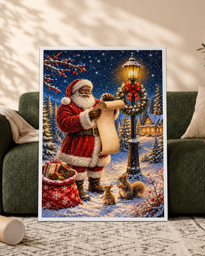 Black Santa Claus Canvas Wall Art - African American Christmas Decor