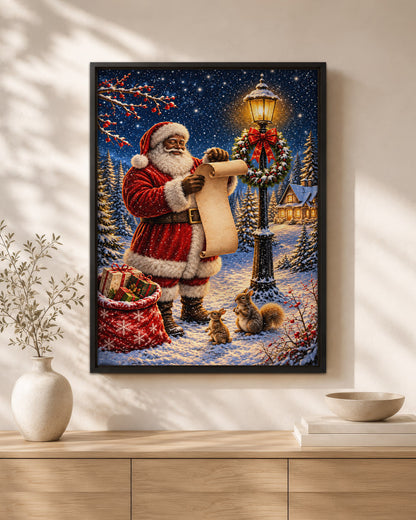 Black Santa Claus Canvas Wall Art - African American Christmas Decor