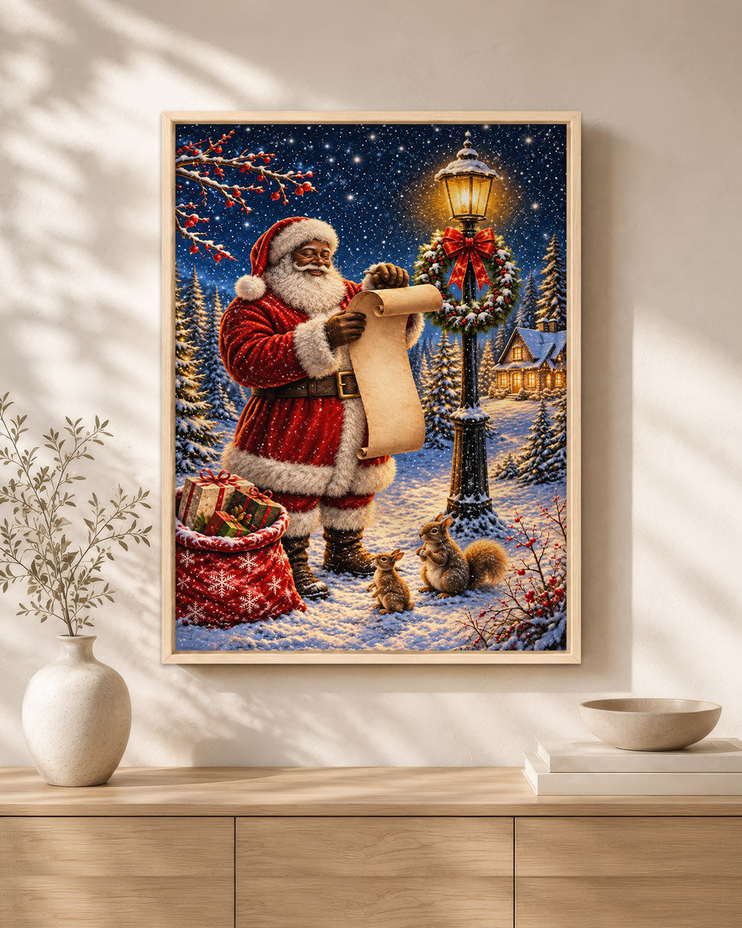 Black Santa Claus Canvas Wall Art - African American Christmas Decor