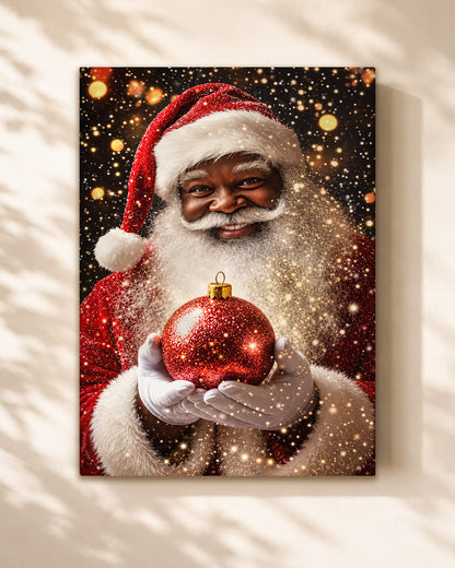 Black Santa Portrait Canvas Wall Art - African American Holiday Picture