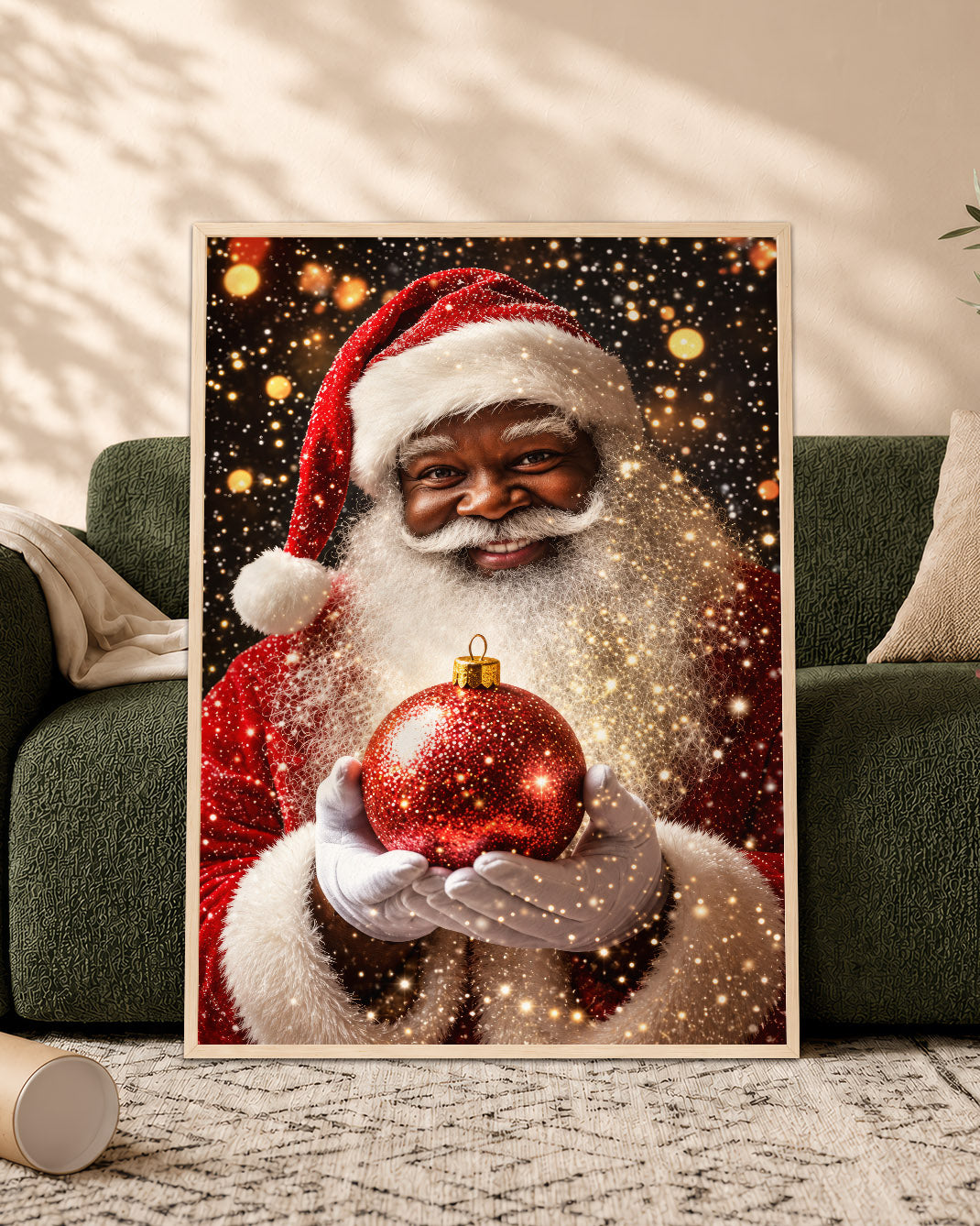 Black Santa Portrait Canvas Wall Art - African American Holiday Picture