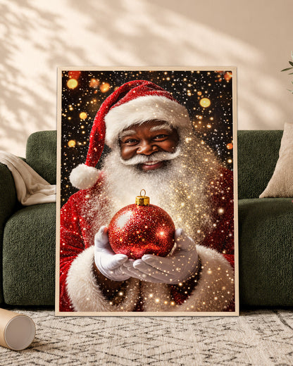 Black Santa Portrait Canvas Wall Art - African American Holiday Picture