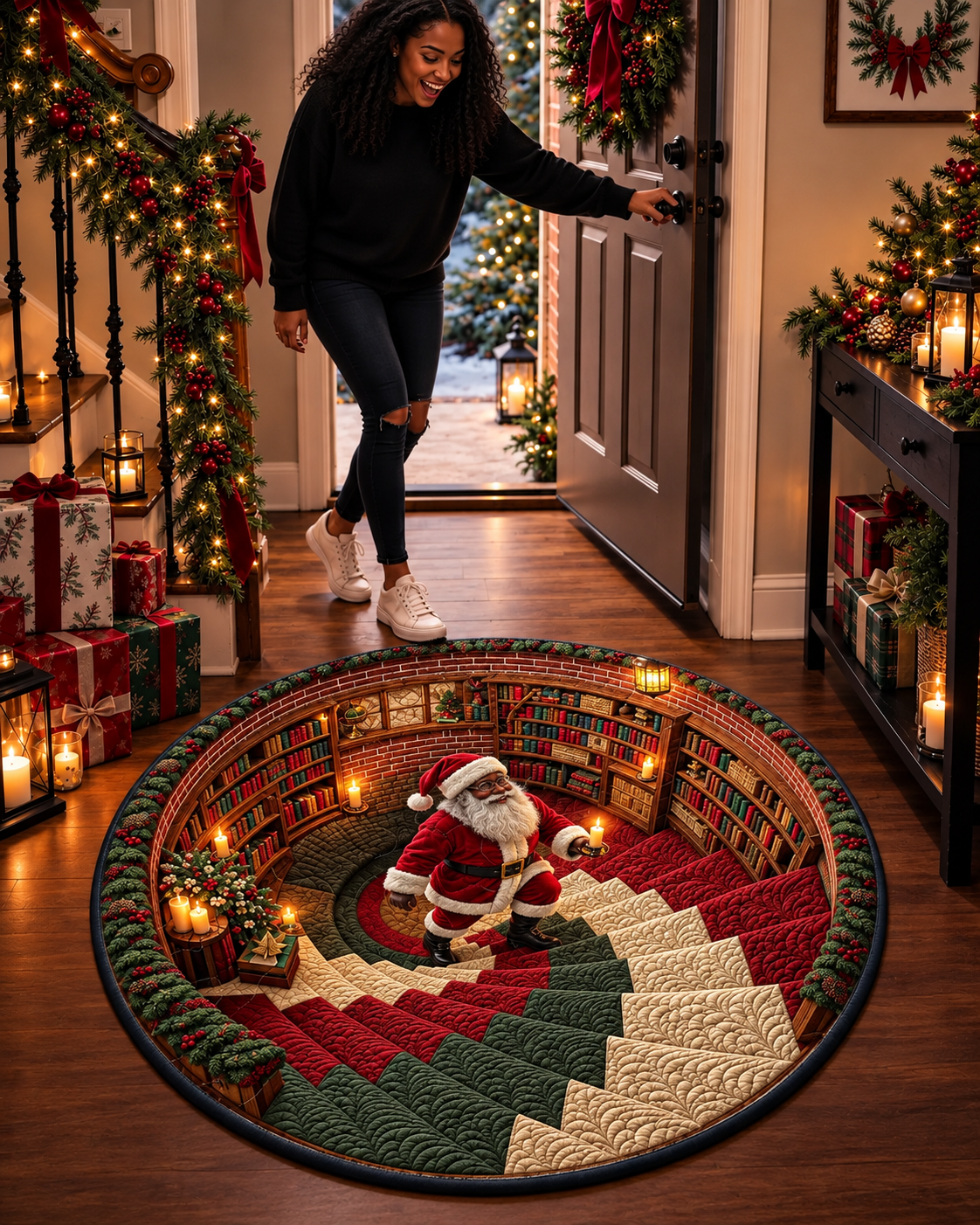 Black Santa Christmas Library Quilted Round Mat